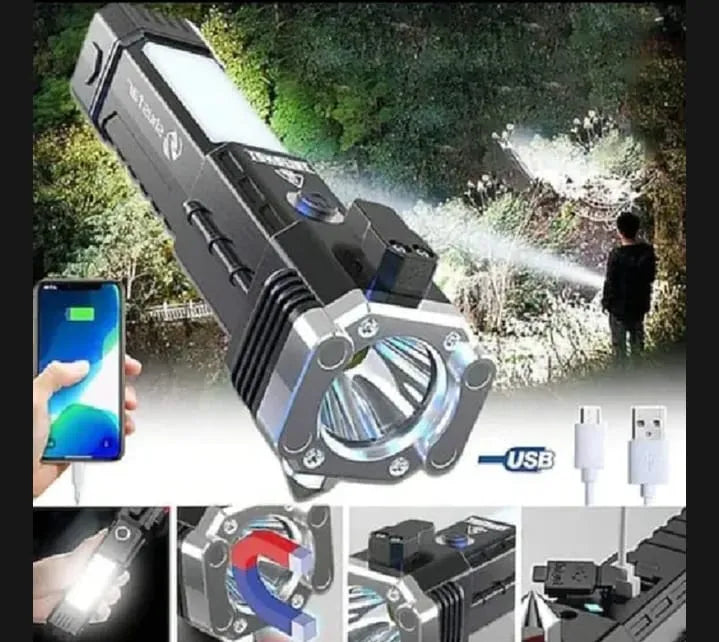 Multifunction 8in1 Portable Led Flashlight Rechargeable LED Torch Flashlight | Car Emergency Tool with Window Breaker Hammer | Cutter | Flashlight Household Rechargeable Ultra Strong Outdoor Bright Led Flashlight