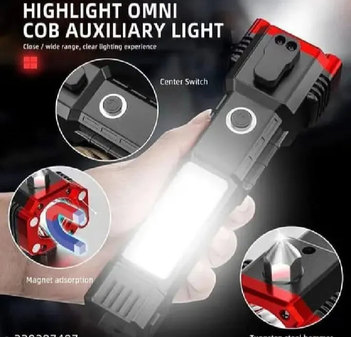 Multifunction 8in1 Portable Led Flashlight Rechargeable LED Torch Flashlight | Car Emergency Tool with Window Breaker Hammer | Cutter | Flashlight Household Rechargeable Ultra Strong Outdoor Bright Led Flashlight